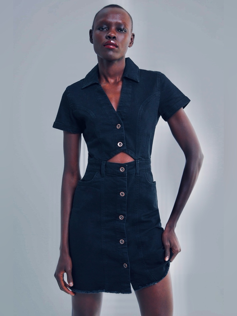NEW🔥Black Button-Front Cutout Denim Dress